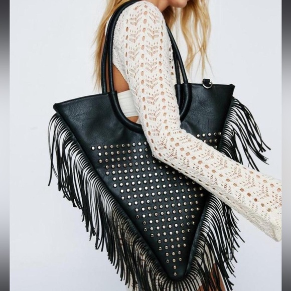 Nasty Gal Black Fringe Tote with Silver Studs - NWT - Picture 5 of 5